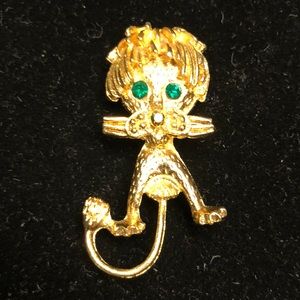 Vintage Gold Dog Brooch with Emerald Green Stone Eyes